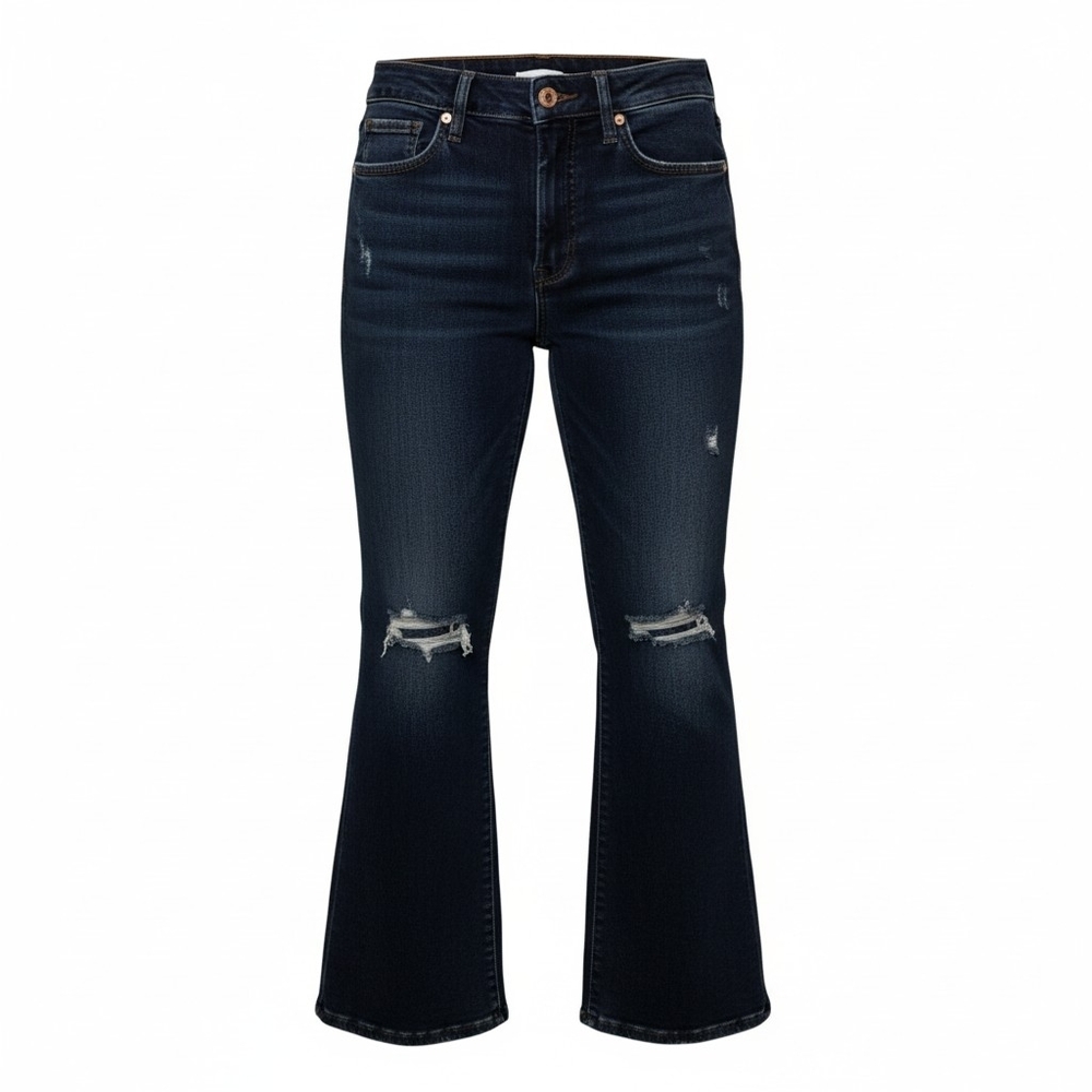 Express Cropped Stretch Dark Wash Distressed Women's Flared Jeans
